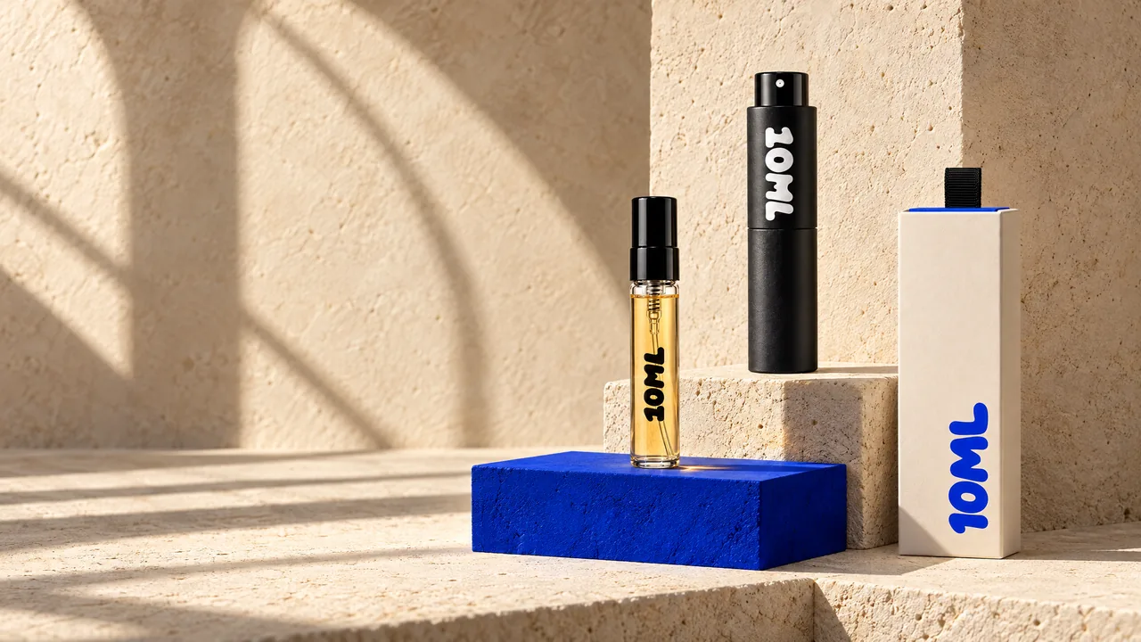 A sealed 10ML vial of amber perfume on a blue block, with the black 10ML travel atomiser and the 10ML box, on sunlit pale stone.