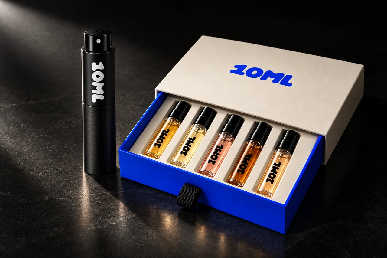 A staged still life in a spotlight on a black set: the 10ML discovery set with its blue tray of filled vials, next to the black 10ML atomiser.
