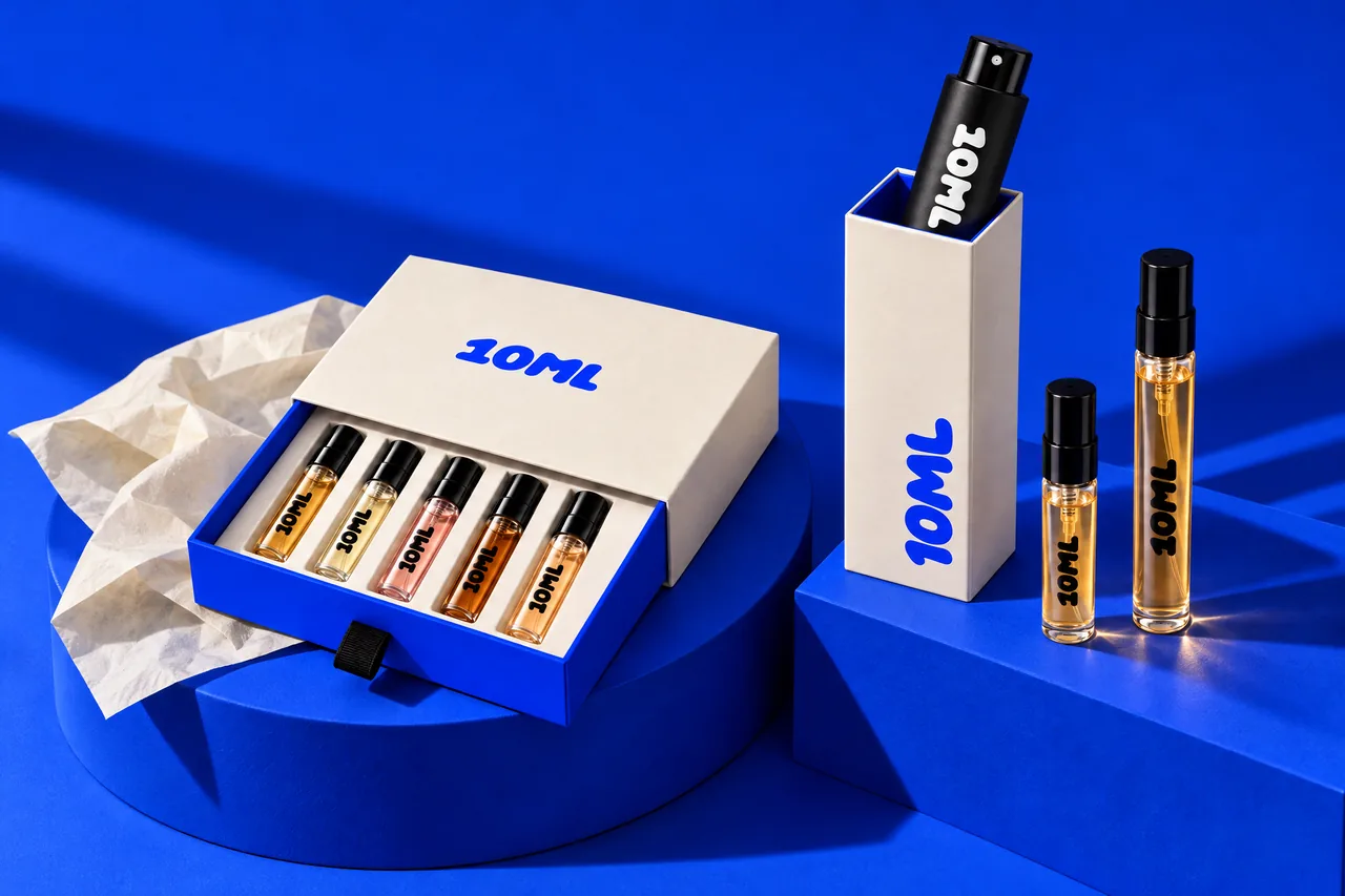 A staged still life on an electric-blue set: the 10ML discovery set with its blue tray of filled vials, next to the black 10ML atomiser and the ivory 10ML box.