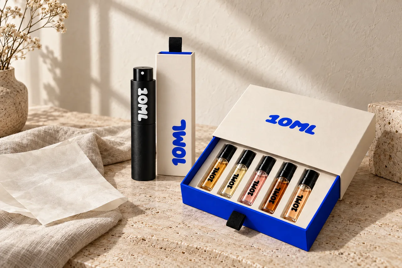 A staged still life on ivory travertine in soft daylight: the 10ML discovery set with its blue tray of filled vials, next to the black 10ML atomiser and the ivory 10ML box.