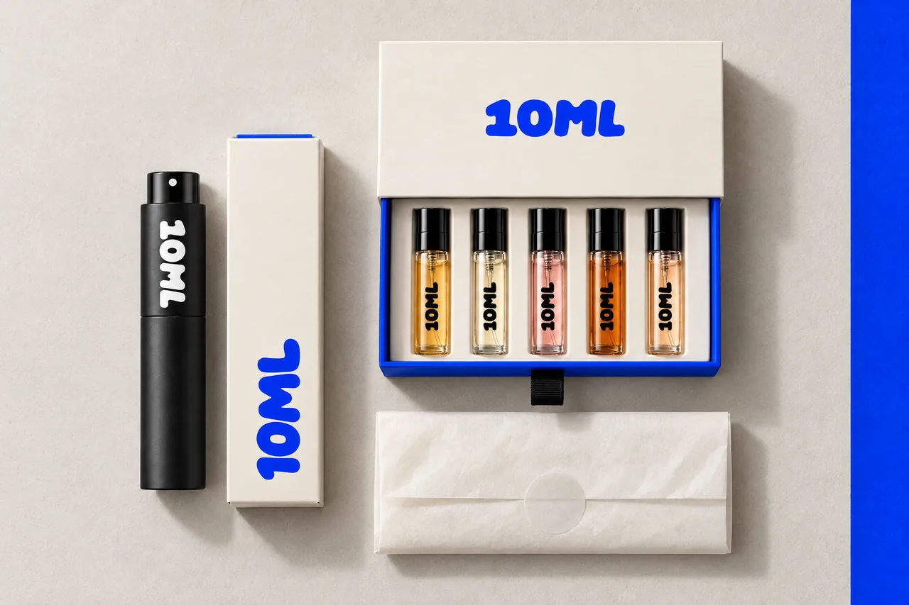 A staged still life seen from above on a pale table: the 10ML discovery set with its blue tray of filled vials, next to the black 10ML atomiser and the ivory 10ML box.