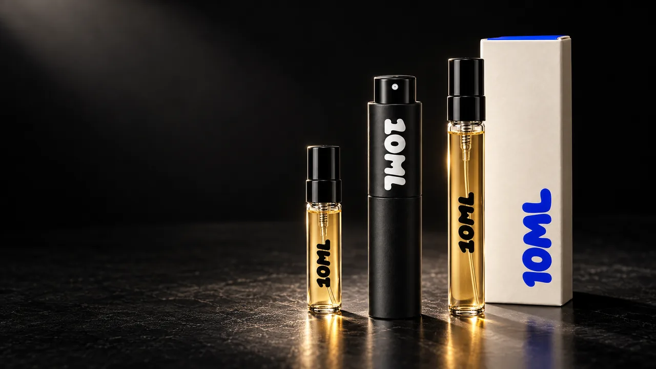 A staged still life in a spotlight on a black set: the black 10ML atomiser, two clear 10ML vials with amber perfume and the ivory 10ML box with a blue wordmark.