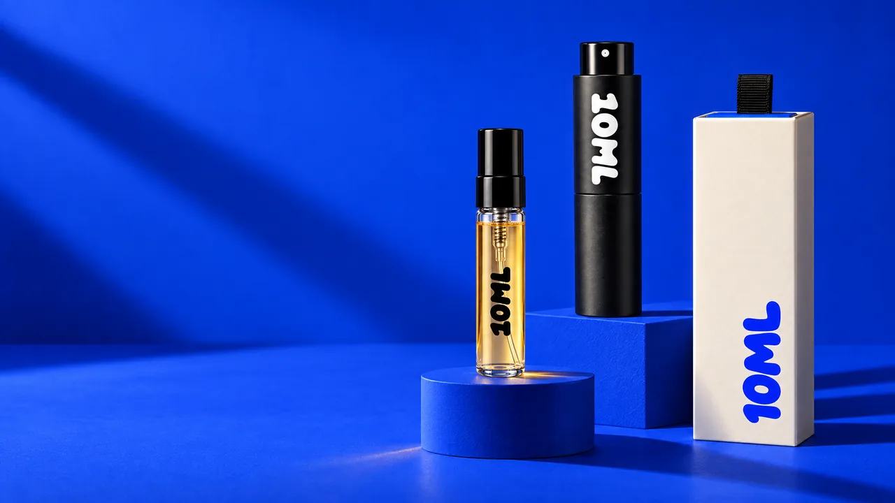 A staged still life on an electric-blue set: the black 10ML atomiser, a clear 10ML vial with amber perfume and the ivory 10ML box with a blue wordmark.