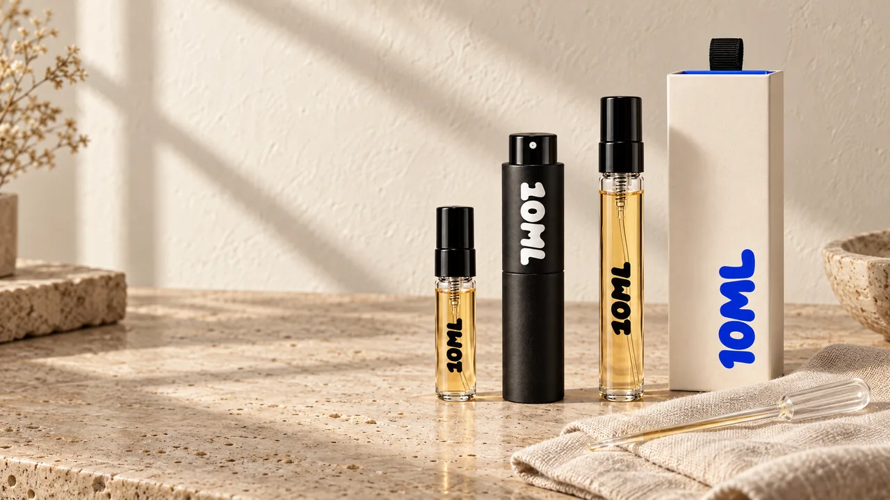 A staged still life on ivory travertine in soft daylight: the black 10ML atomiser, two clear 10ML vials with amber perfume and the ivory 10ML box with a blue wordmark.