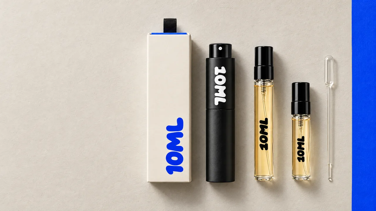 A staged still life seen from above on a pale table: the black 10ML atomiser, two clear 10ML vials with amber perfume and the ivory 10ML box with a blue wordmark.