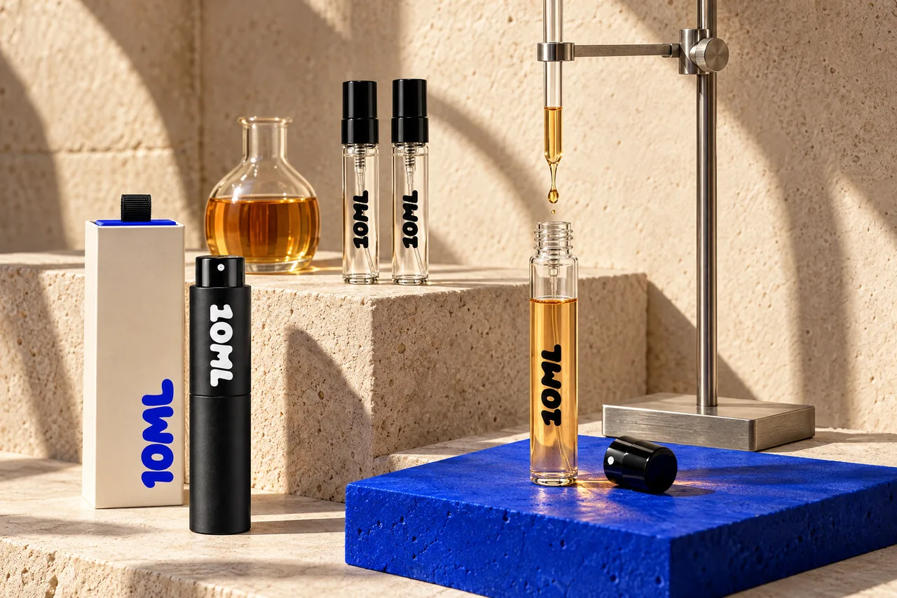 A drop of perfume falls from a glass pipette into an open 10ML glass vial standing on a blue block.