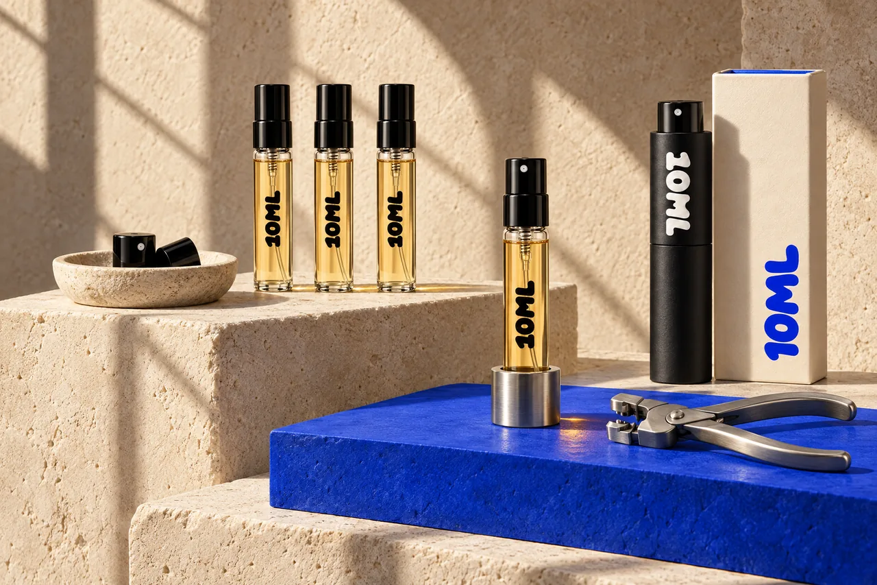 A filled 10ML vial with its black spray cap fitted, next to a small steel crimping tool and three sealed vials.