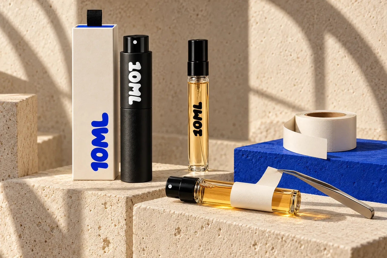 A plain paper label being wrapped around a filled 10ML glass vial lying on pale stone.
