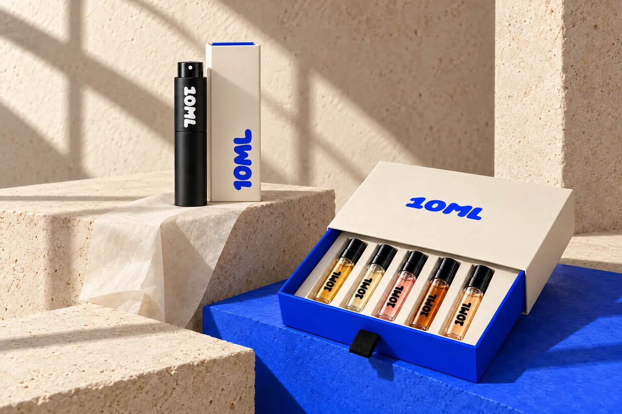 Five filled vials in the blue tray of the 10ML discovery set, beside the black 10ML atomiser and the 10ML box.