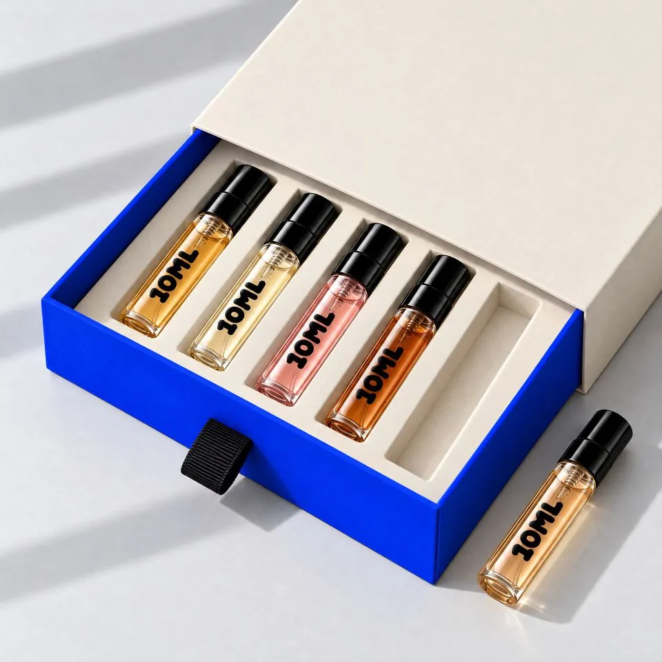 Cuatro decants de perfume de 3 ml en un set de muestras de 10ML y un quinto listo para añadir