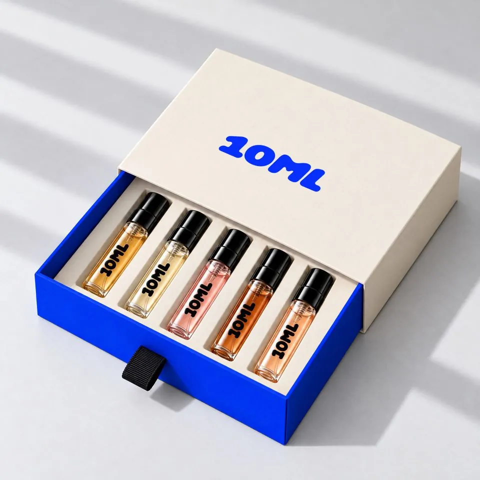 10ML-Duftproben-Set mit 5 Parfums in 3 ml, die Fläschchen in einer Reihe aufgestellt