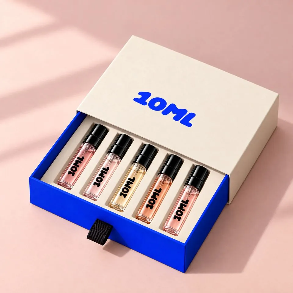 10ML-Duftproben-Set mit 5 Parfums in 3 ml, die Fläschchen in einer Reihe aufgestellt