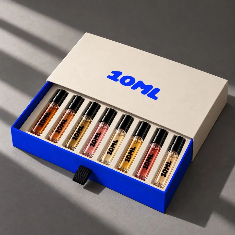 10ML-Duftproben-Set mit 8 Parfums in 3 ml, die Fläschchen in einer Reihe aufgestellt