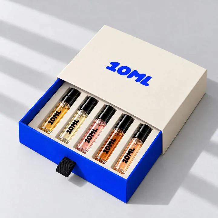 10ML discovery set with 5 perfumes in 3 ml, the vials lined up in a row