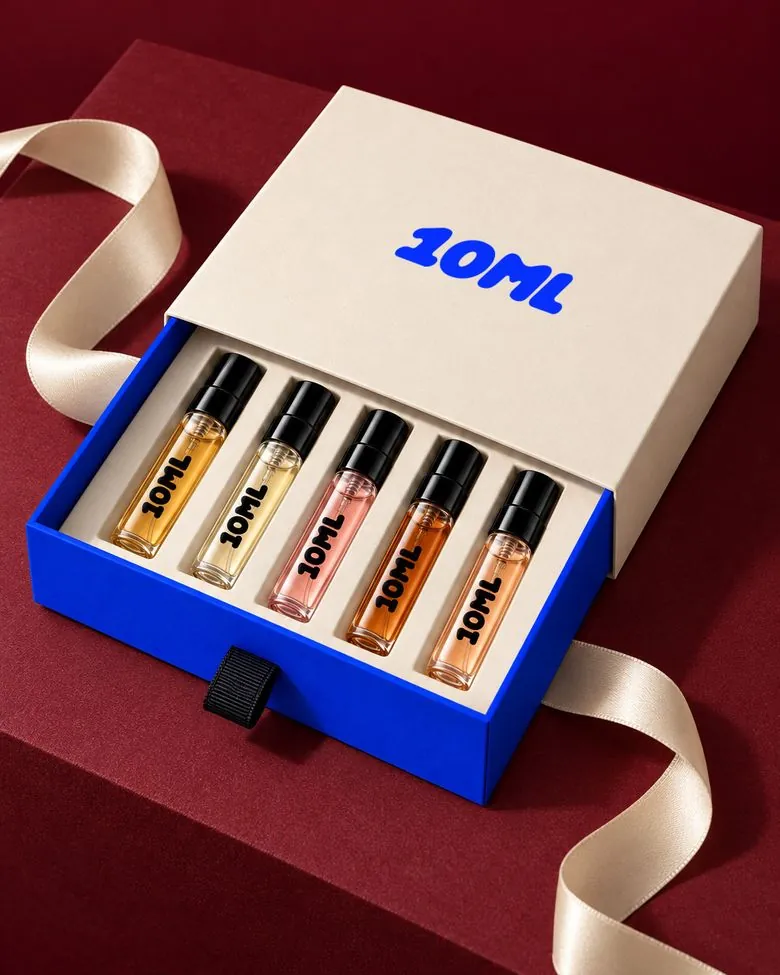 10ML discovery set with 5 perfumes in 3 ml, on claret red