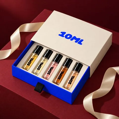Coffret découverte 10ML avec 4 parfums en 3 ml, sur fond rouge bordeaux