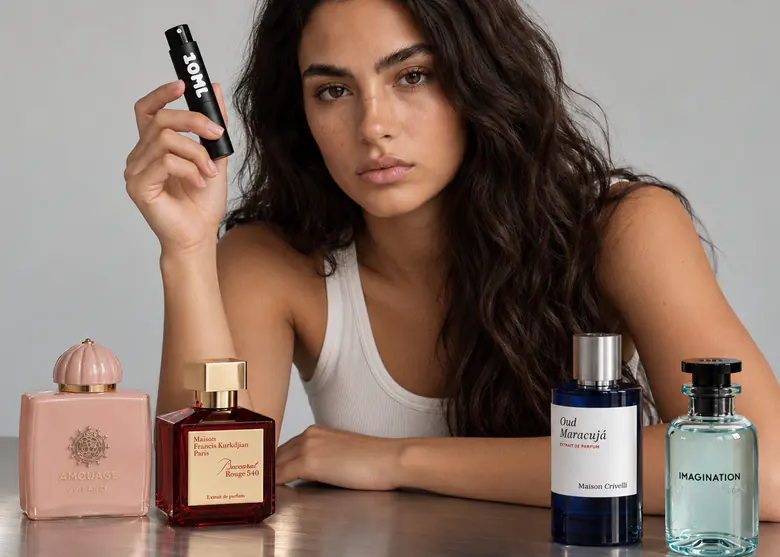 Model holding a black 10ML decant atomiser, with bottles of Amouage Guidance, Maison Francis Kurkdjian Baccarat Rouge 540, Maison Crivelli Oud Maracujá and Louis Vuitton Imagination in front of her