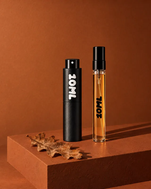 A 10ML atomiser and an amber sample vial with an oak leaf on a rust-coloured plinth