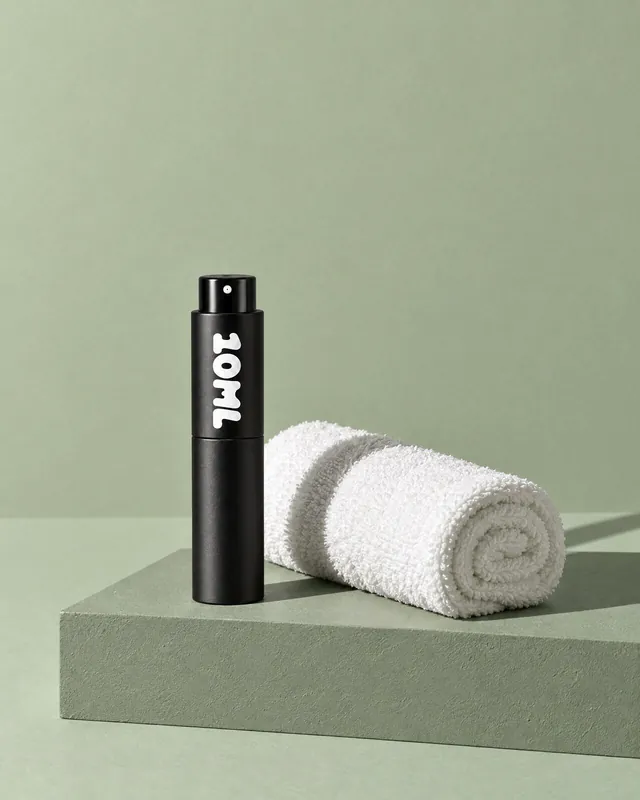 A black 10ML atomiser beside a rolled white towel on a sage-green plinth