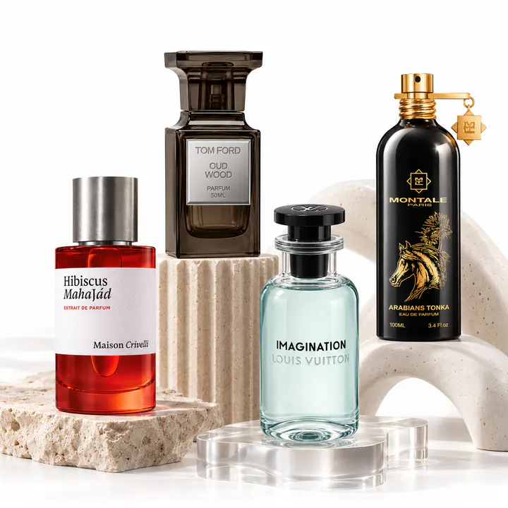 Maison Crivelli Hibiscus Mahajád, Tom Ford Oud Wood, Louis Vuitton Imagination and Montale Arabians Tonka bottles on pale stone