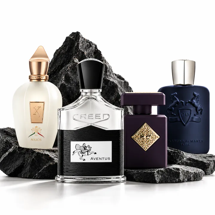 Xerjoff, Creed Aventus, Initio and Parfums de Marly bottles on dark stone