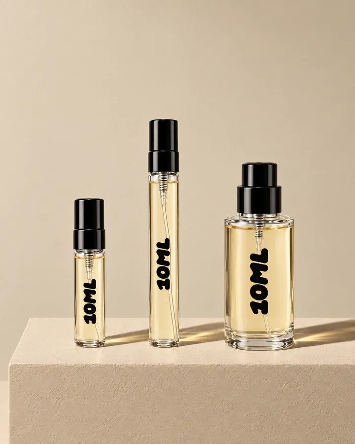 A 3ml and a 10ml 10ML glass vial beside a 30ml 10ML bottle, each holding the same golden perfume, on a pale stone plinth