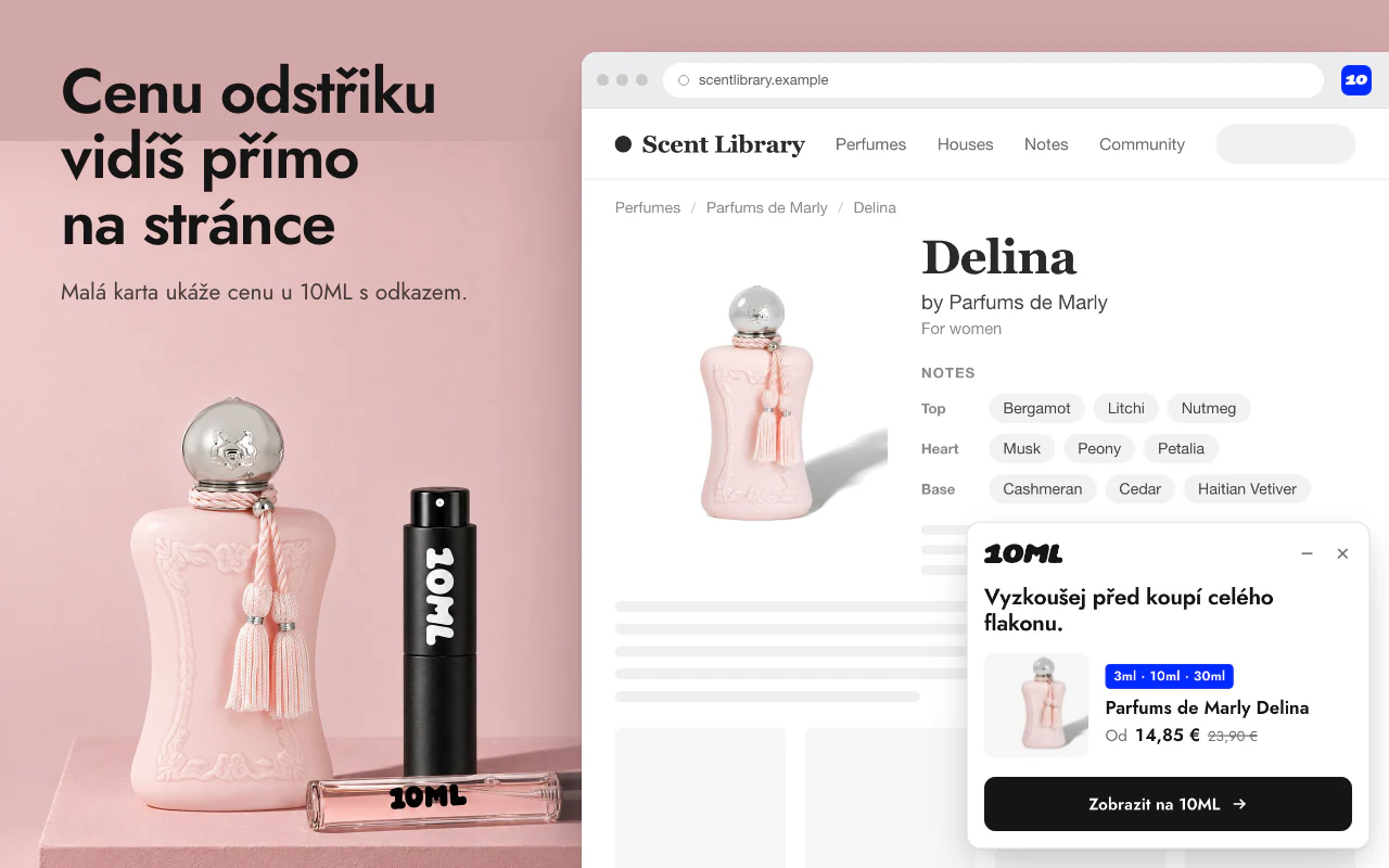 Karta 10ML na stránce parfému na Fragrantice s cenou odstřiku a odkazem na parfém