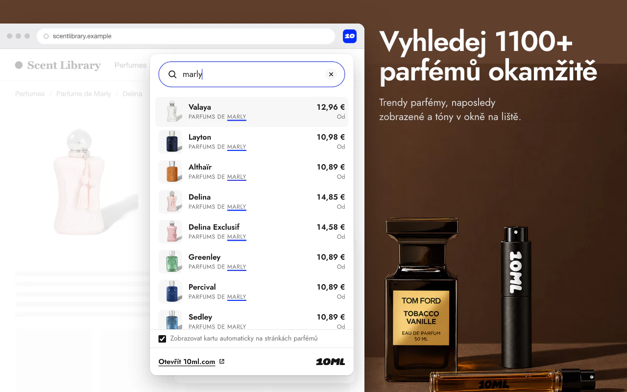 Vyskakovací okno 10ML na liště nástrojů, které hledá v celém katalogu už při psaní