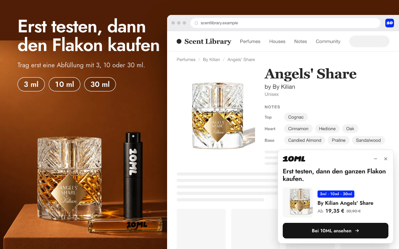 Das 10ML-Popup mit beliebten Parfums, zuletzt angesehenen Parfums und Duftnoten