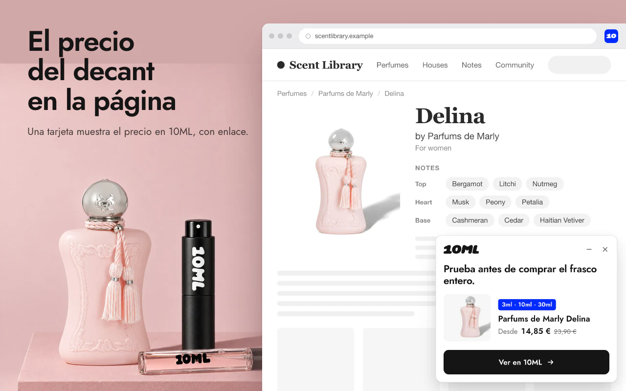 La tarjeta de 10ML en una página de perfume de Fragrantica, con el precio del decant y un enlace al perfume