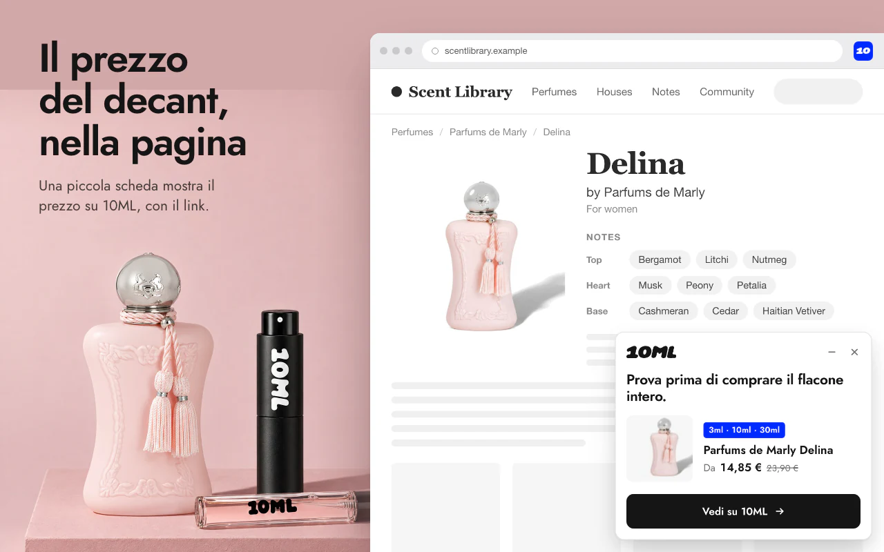 La scheda 10ML su una pagina profumo di Fragrantica, con il prezzo del decant e il link al profumo