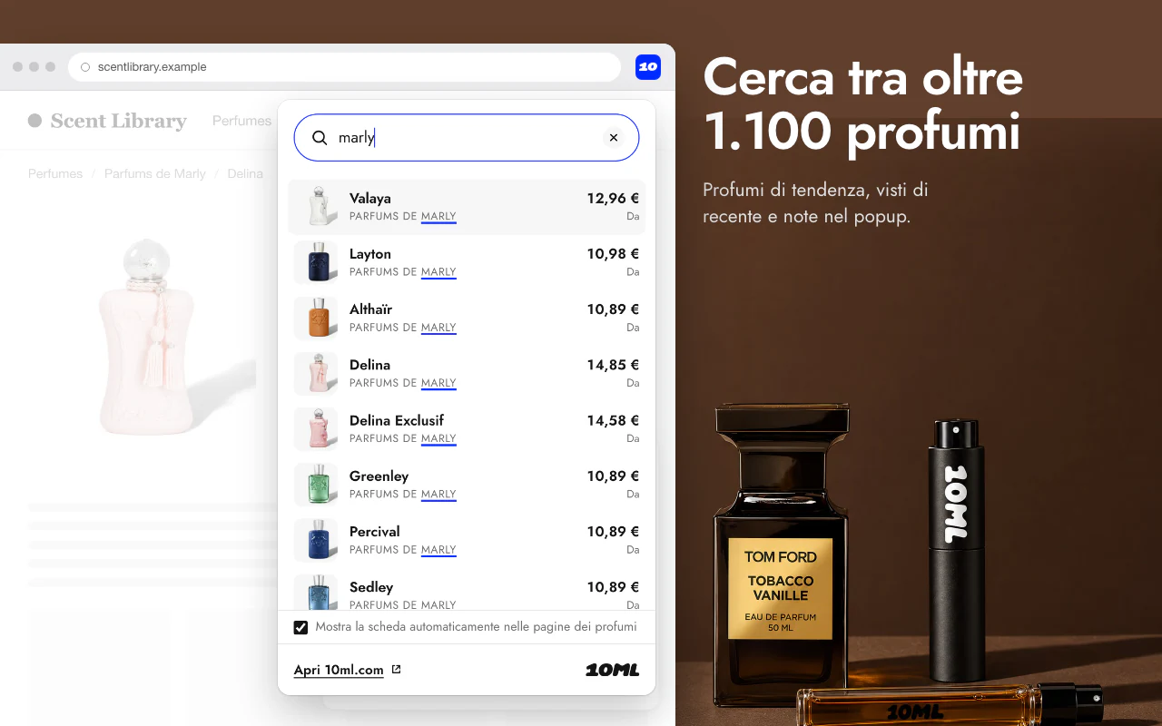 Il popup 10ML nella barra degli strumenti che cerca in tutto il catalogo mentre scrivi